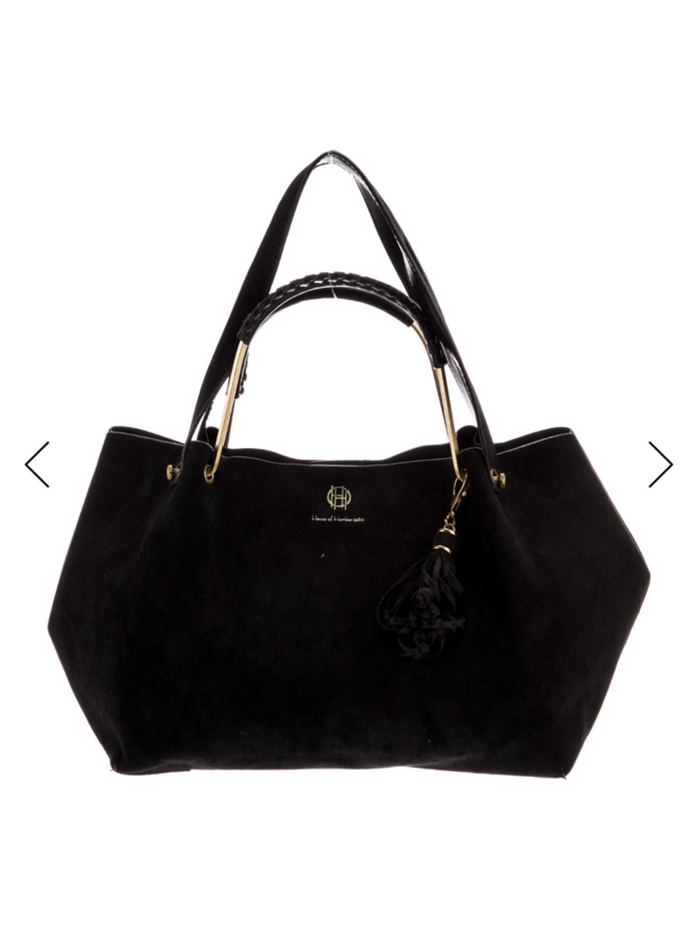 House of Harlow 1960 Black Suede Tote with Tassel and Gold Hardware